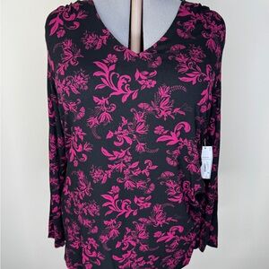 Liz Claiborne Shirt Womens 1X Black Pink Floral Scroll V Neck Long Sleeve